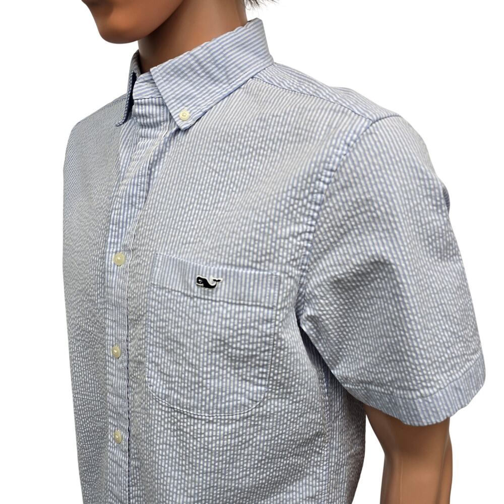 Vineyard Vines Seersucker Shirt Men S Short Sleeves Stretch Blue Striped Whale - Picture 7 of 13